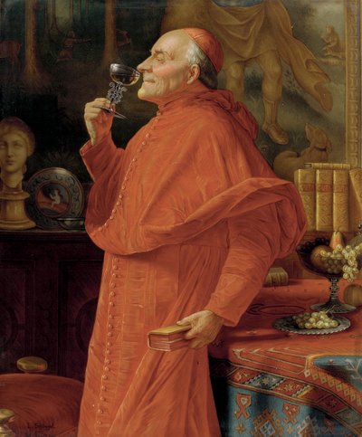 Cardenal que prueba el bouquet de un vino blanco (en un vaso veneciano). Alrededor de 1900. de Eduard von Grutzner