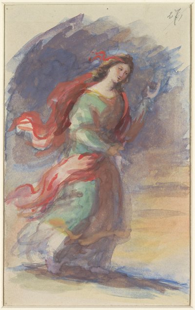 Mujer joven caminando, con una túnica colorida y ondeante, sobre un fondo oscuro de Eduard von Heuss