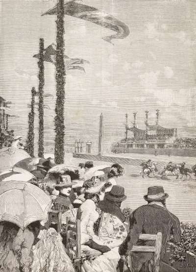 Carreras de caballos en las fiestas de Pompeya, Pompeya, Italia, grabado a partir de un dibujo de Edoardo Dalbono, de L
