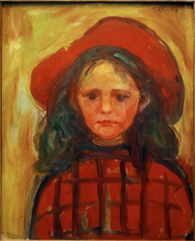Niña con vestido a cuadros rojos y sombrero rojo de Edvard Munch