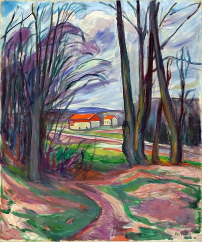 Paisaje en Skoyen (Oslo, Noruega). Pintura de Edvard Munch (1863-1944), óleo sobre lienzo, hacia 1920. Arte noruego, siglo XX, expresionismo. Colección privada. de Edvard Munch