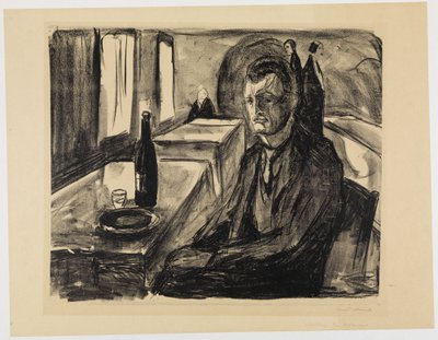 Autorretrato con una botella de vino de Edvard Munch