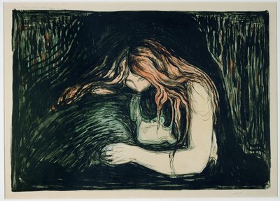 Vampiro II (litografía coloreada a mano) de Edvard Munch