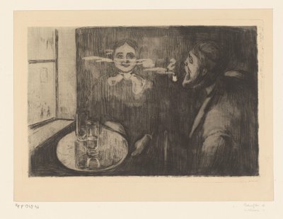 Mujer y hombre fumando en pipa en una mesa
Tête-à-Tête (título original) de Edvard Munch