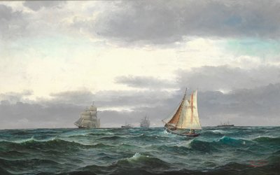 Marina con varios barcos, nubes grises de lluvia y un poco de cielo azul de Edvard Skari