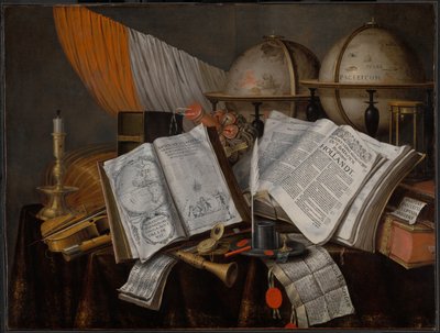 Una naturaleza muerta de vanitas con una bandera, candelabro, instrumentos musicales, libros, material de escritura, globos y reloj de arena de Edwaert Collier