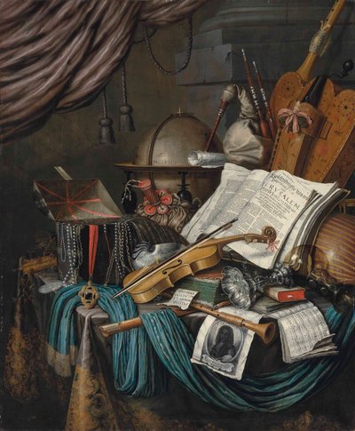Un globo, un cofre de joyas y medallones, libros, una zanfona, una gaita, un laúd, un violín, una taza de plata volcada y un roemer, una concha de nautilus, una flauta dulce, un chirimía, una impresión con un autorretrato del artista y una partitura musica de Edwaert Colyer or Collier