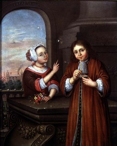 Niña señalando a un niño soplando burbujas en un entorno arquitectónico de Edwaert Colyer or Collier