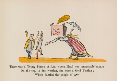 Había un joven de Ayr, cuya cabeza era notablemente cuadrada (grabado coloreado) de Edward (after) Lear