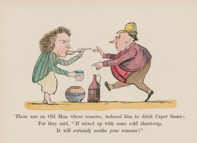 Había un anciano cuyo remordimiento, le indujo a beber Salsa de Alcaparras (grabado coloreado) de Edward (after) Lear