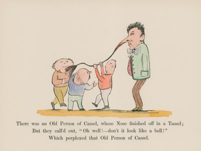 Había un anciano de Cassel, cuya nariz remataba en una borla (grabado coloreado) de Edward (after) Lear