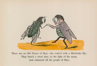 Había un anciano de Skye, que bailaba el vals con una mosca azul (grabado coloreado) de Edward (after) Lear