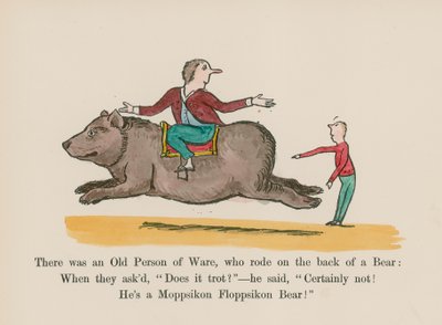 Había un anciano de Ware, que cabalgaba a lomos de un oso (grabado coloreado) de Edward (after) Lear