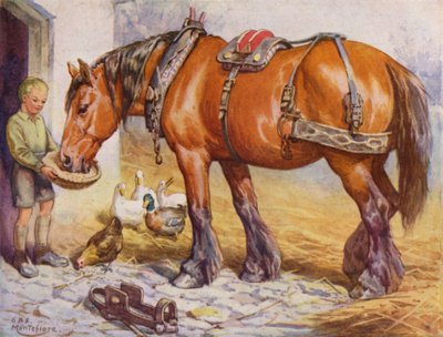 Niño alimentando a un caballo en un corral (litografía en color) de Edward Brice Montefiore