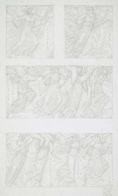 Estudios en hoja de figuras alegóricas de Edward Burne-Jones