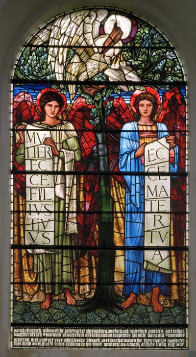 El Pelícano en su Piedad y Ángeles con Pergaminos de Edward Burne Jones