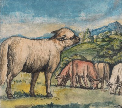 Corderos y bueyes en un paisaje pastoral de Edward Calvert