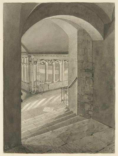 Entrada a los Claustros desde la Catedral de Bristol con la tumba de Edward Bird de Edward Cashin