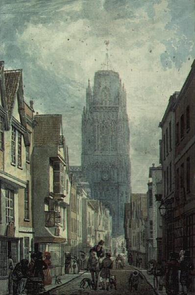 Calle Redcliffe, Bristol, mostrando la Torre de la Iglesia de Santa María Redcliffe de Edward Cashin