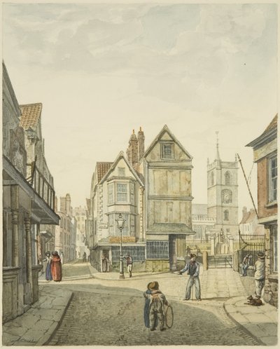Iglesia de San Jaime y Silver Street mirando hacia Lower Maudlin Lane, Bristol de Edward Cashin