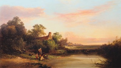 Paisaje inglés con cabaña y arroyo de Edward Charles Williams