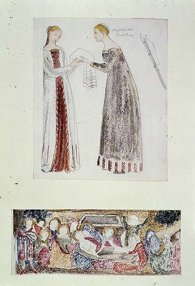 Dos criadas, una copia de El Nacimiento de María de Giovanni da Milano de la Capilla Rinuccini, Florencia; La Lamentación de Edward Coley Burne Jones