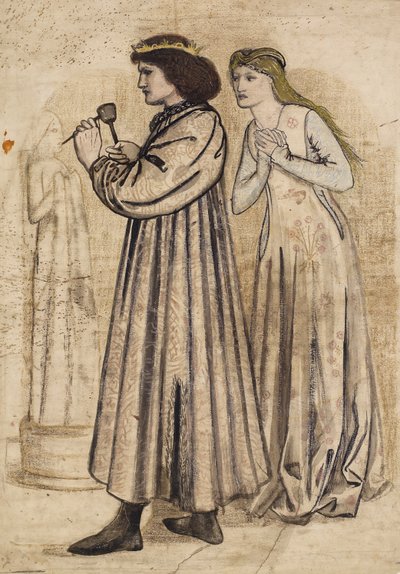 Escena del rey René esculpiendo una figura mientras es observado por su nueva esposa (pluma y tinta china con aguada y lápiz sobre papel) de Edward Coley Burne Jones
