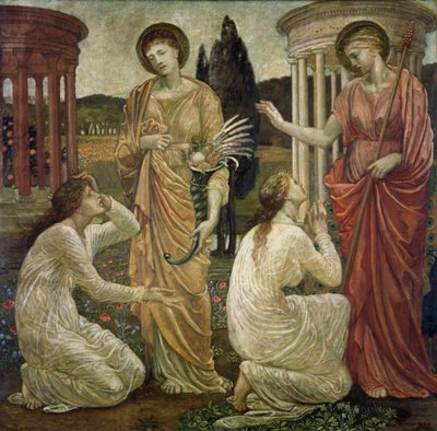 Cupido y Psique - Murales de Palace Green - Psique en los santuarios de Juno y Ceres, 1881 de Edward Burne Jones