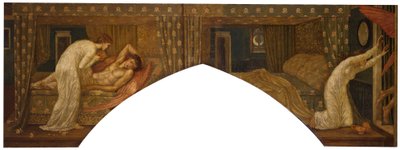 Cupido y Psique - Murales de Palace Green - Psique sosteniendo la lámpara mira el rostro de Cupido dormido y Psique abandonada, 1881 de Edward Burne Jones