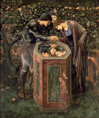 La cabeza torva, ilustración de "El paraíso terrenal" de William Morris; Perseo muestra a Andrómeda la cabeza de Medusa reflejada en un pozo de Edward Coley Burne Jones