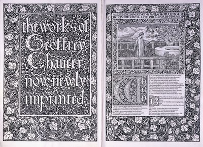 Página de título y página de apertura de la edición de Kelmscott Press de "Las obras de Geoffrey Chaucer", 1896 de Edward Burne Jones