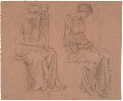 Dos estudios de una niña sentada tocando una cítara de Edward Coley Burne Jones