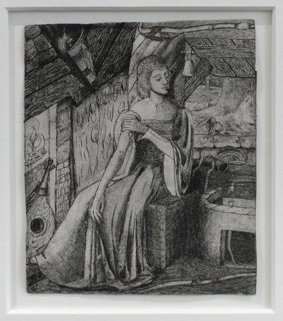 Sujeto no identificado, posiblemente la hija de Cupido junto a su fragua, c.1857 (pluma, lápiz sobre papel) de Edward Coley Burne Jones