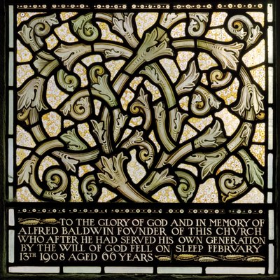 Dedicación a Alfred Baldwin de la ventana de Joshua de Edward Coley and Dearle Burne Jones