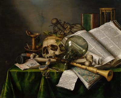 Vanitas. Naturaleza muerta con libros, manuscritos y una calavera de Edward Collier