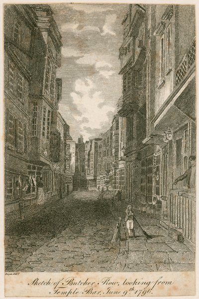Boceto de Butcher Row, mirando desde Temple Bar, 9 de junio de 1796 de Edward Dayes