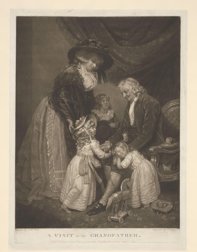 Mujer con tres hijos visitando a su abuelo Una visita al abuelo (título sobre el objeto) de Edward Dayes