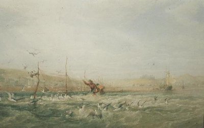 Pescadores persiguiendo gaviotas desde las redes, Mumbles, Gales del Sur de Edward Duncan