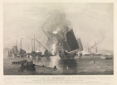 El Hon. E.I. Co. Iron Steam Ship Nemesis, ... con botes de Sulphur, Calliope, Larne y Starling, destruyendo los juncos de guerra chinos, en Anson