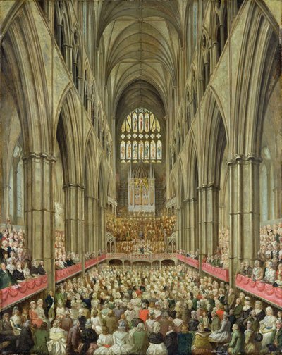 Vista interior de la Abadía de Westminster en la conmemoración del centenario de Handel, tomada desde la caja del gerente, c.1793 de Edward Edwards