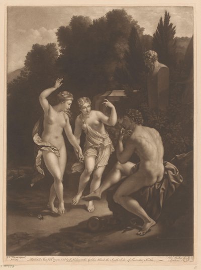 Hombre tocando la flauta frente a dos ninfas bailando de Edward Fisher