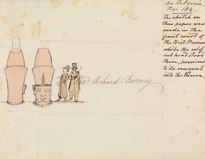 Carta al reverendo Richard Burney con un dibujo de una cabeza colosal del patio del Museo Británico de Edward Francis Burney