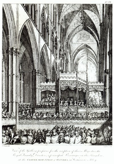 Vista de la Galería preparada para la recepción de sus Majestades la Familia Real, Directores y principales Personajes del Reino en la Conmemoración de Handel en la Abadía de Westminster de Edward Francis Burney