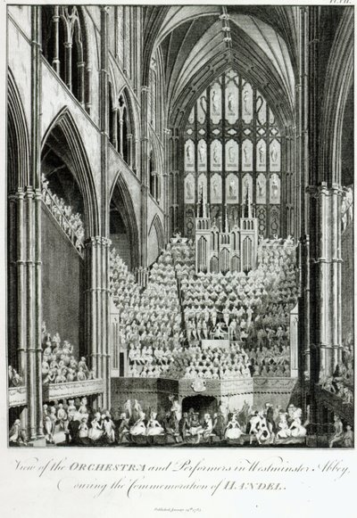 Vista de la orquesta y los intérpretes en la Abadía de Westminster, durante la conmemoración de Handel, publicado por Charles Burney, 1785 de Edward Francis Burney