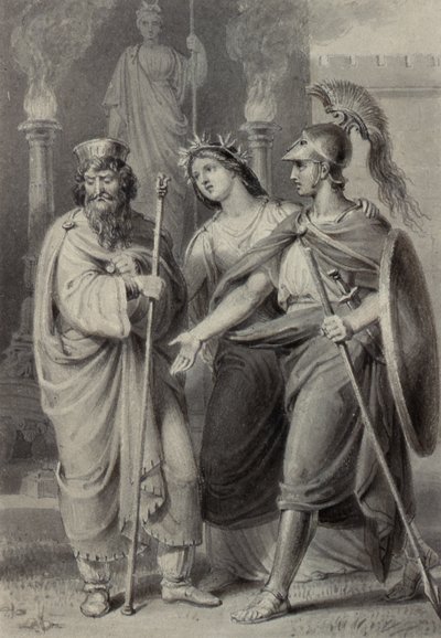Guerrero acompañado por una mujer dirigiéndose a un sacerdote en los recintos de un templo de Edward Francis Burney