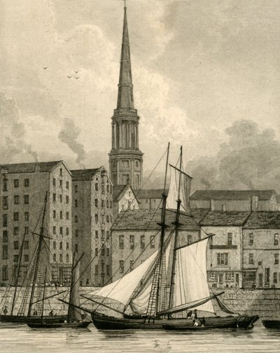Iglesia de San Jorge desde los muelles, Liverpool, c1830 de Edward Francis Finden