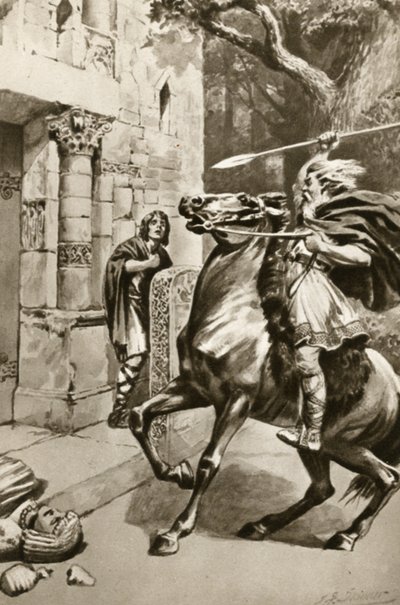 El Sumo Sacerdote Coifi cabalgando por Goodmanham Lane para aplastar a los ídolos, ilustración de 