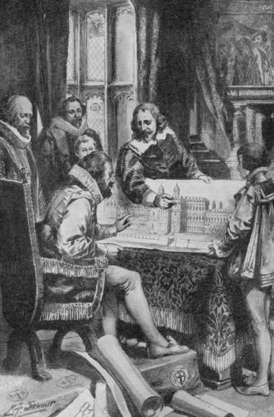 Inigo Jones muestra sus planes de reconstrucción de Whitehall al rey Jaime I (litografía) de Edward Frederick Skinner