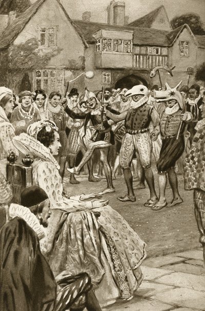 La reina Isabel I entretenida por bufones (litografía) de Edward Frederick Skinner