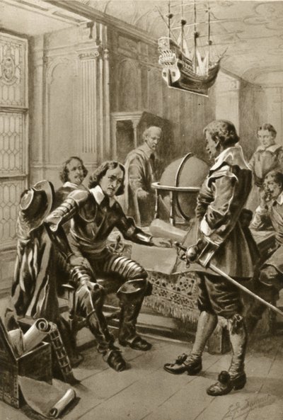 Robert Blake visita a Oliver Cromwell en la Sala del Consejo en Whitehall (litografía) de Edward Frederick Skinner